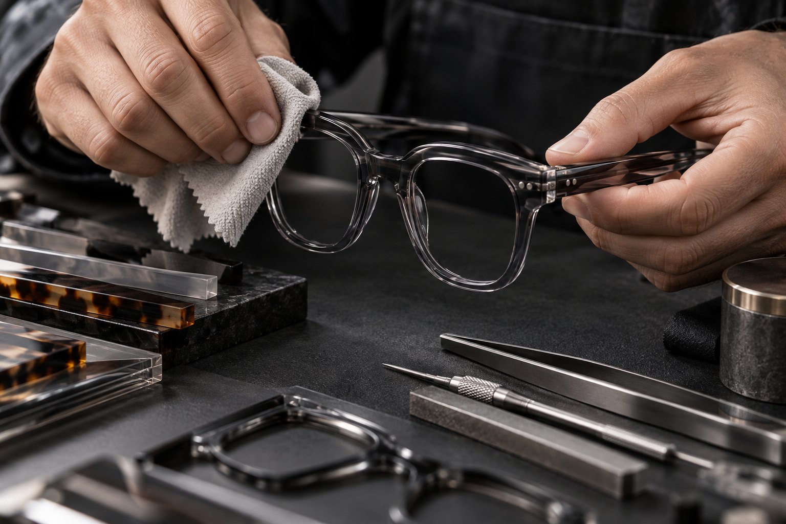 Precision finishing and inspection of an acetate eyewear frame