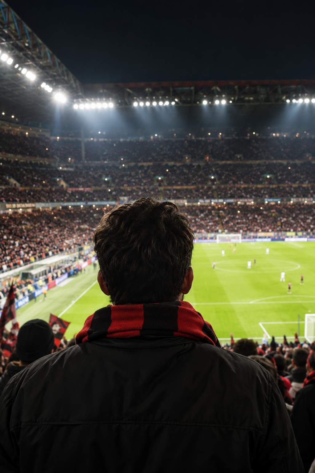 Supporter with a red and black scarf watching a football match