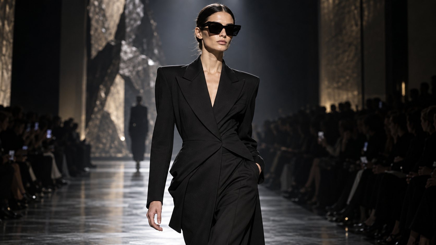 Editorial runway scene with a model wearing sculptural sunglasses
