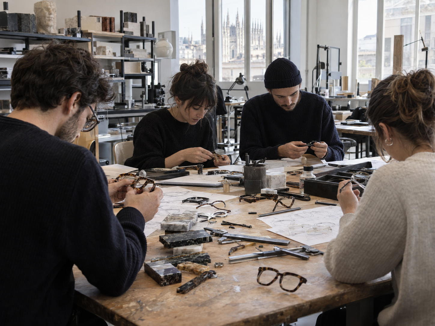 Students developing eyewear prototypes during a design workshop in Milan